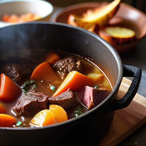 Simmering pot of Hearty Beef and Vegetable Stew.