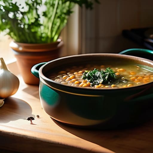 Steaming pot of Hearty Lentil and Vegetable Soup.